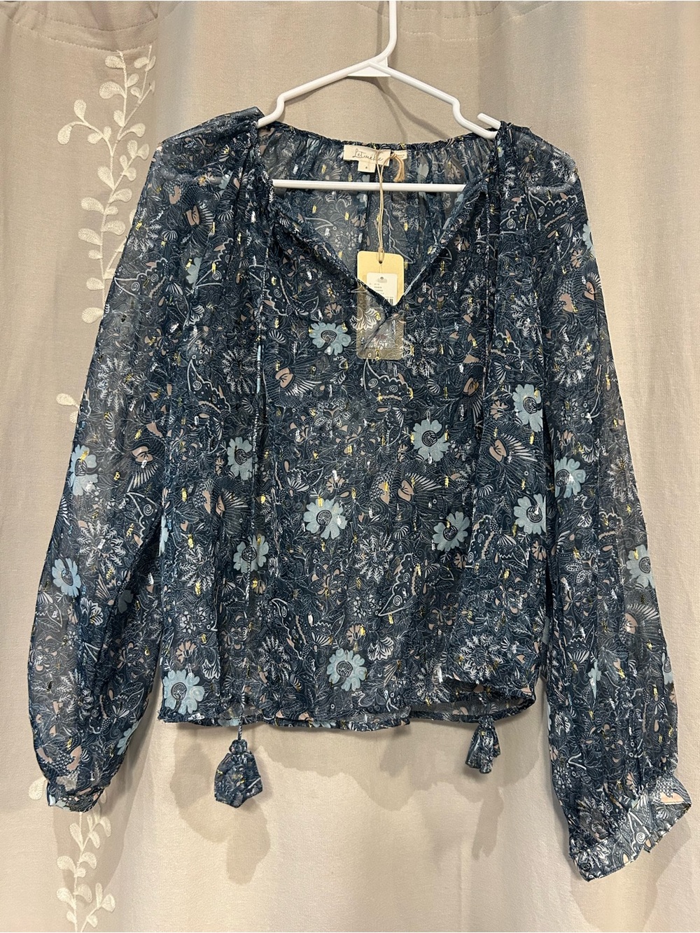 Navy Sheer Floral Tie-Hem Peasant Blouse